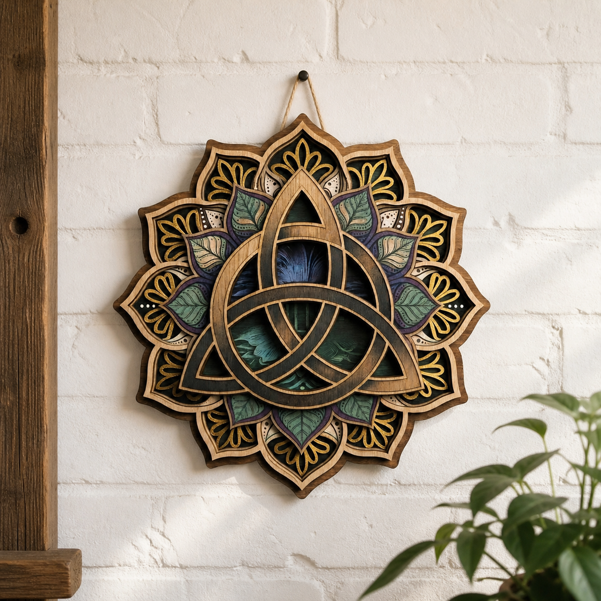 Triquetra Art Wooden Sign, Intricate Petal Celtic Trinity Knot Hanger