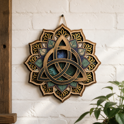 Triquetra Art Wooden Sign, Intricate Petal Celtic Trinity Knot Hanger