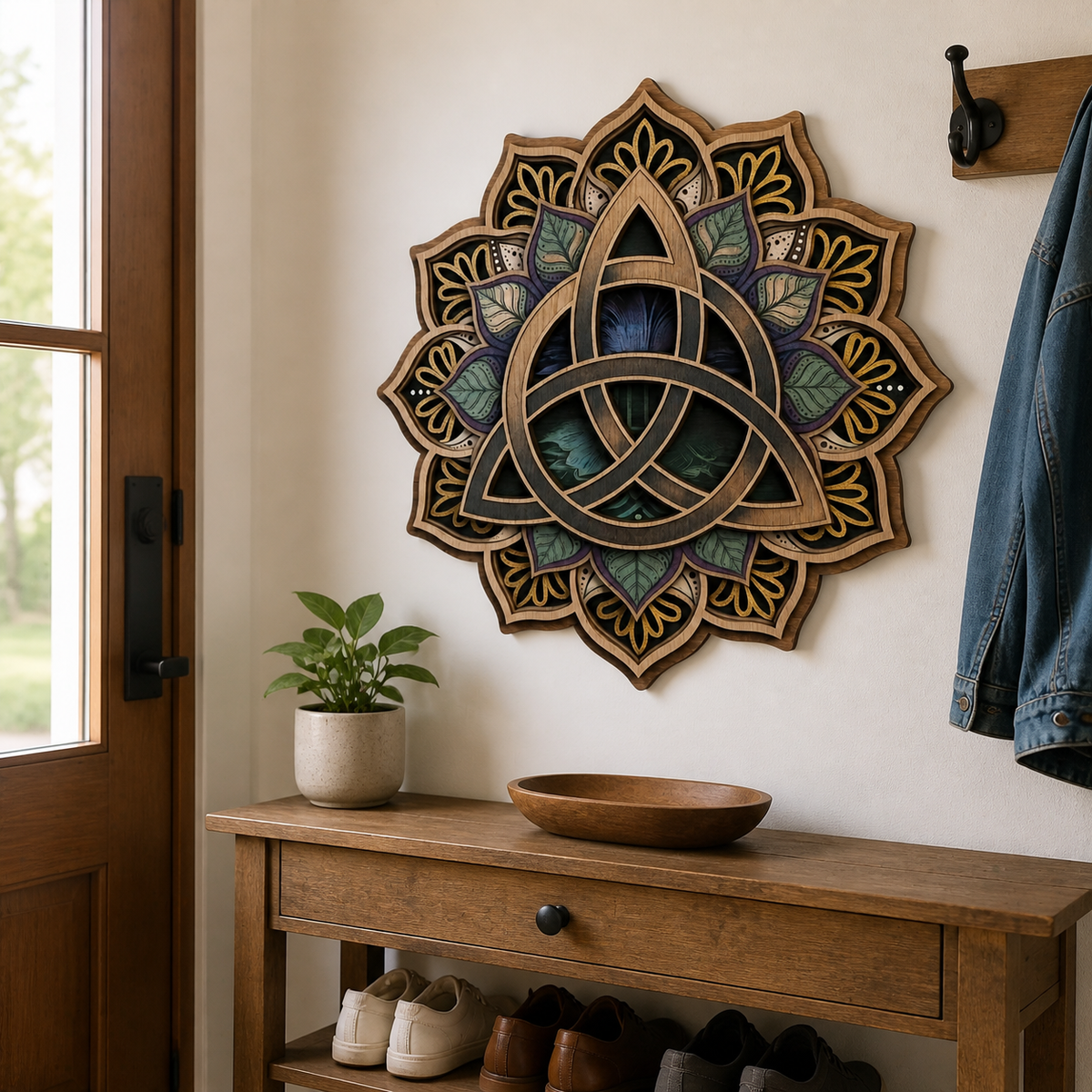 Triquetra Art Wooden Sign, Intricate Petal Celtic Trinity Knot Hanger
