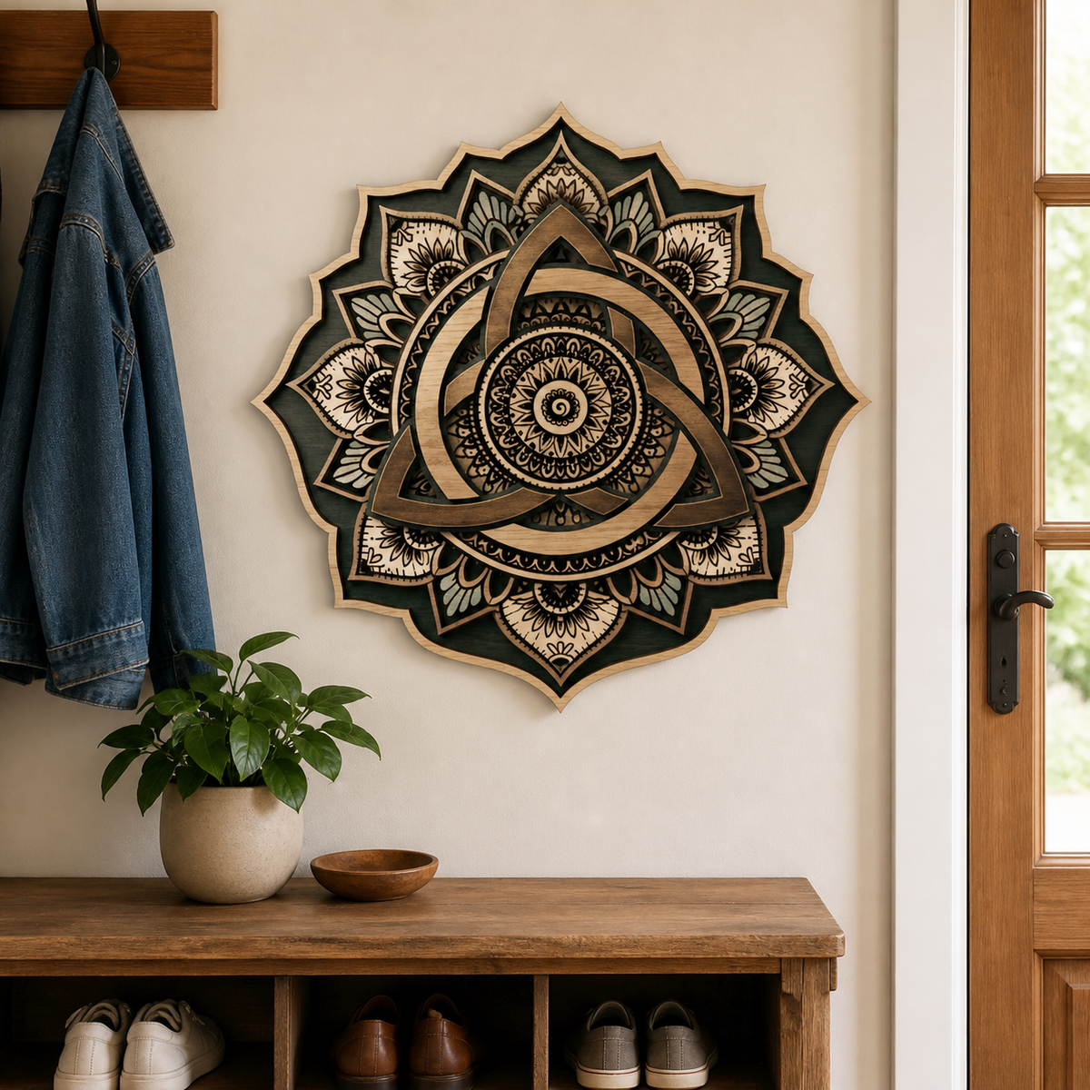 Triquetra Art Wooden Sign, Sacred Geometry Circular Wall Art Decor