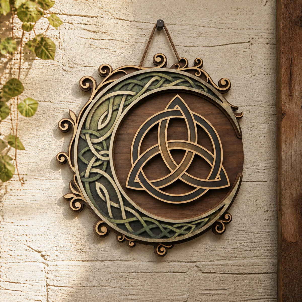 Triquetra Art Wooden Sign, Crescent Moon Celtic Knot Wall Decor