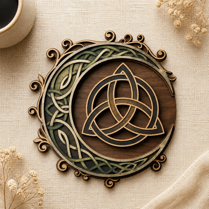 Triquetra Art Wooden Sign, Crescent Moon Celtic Knot Wall Decor