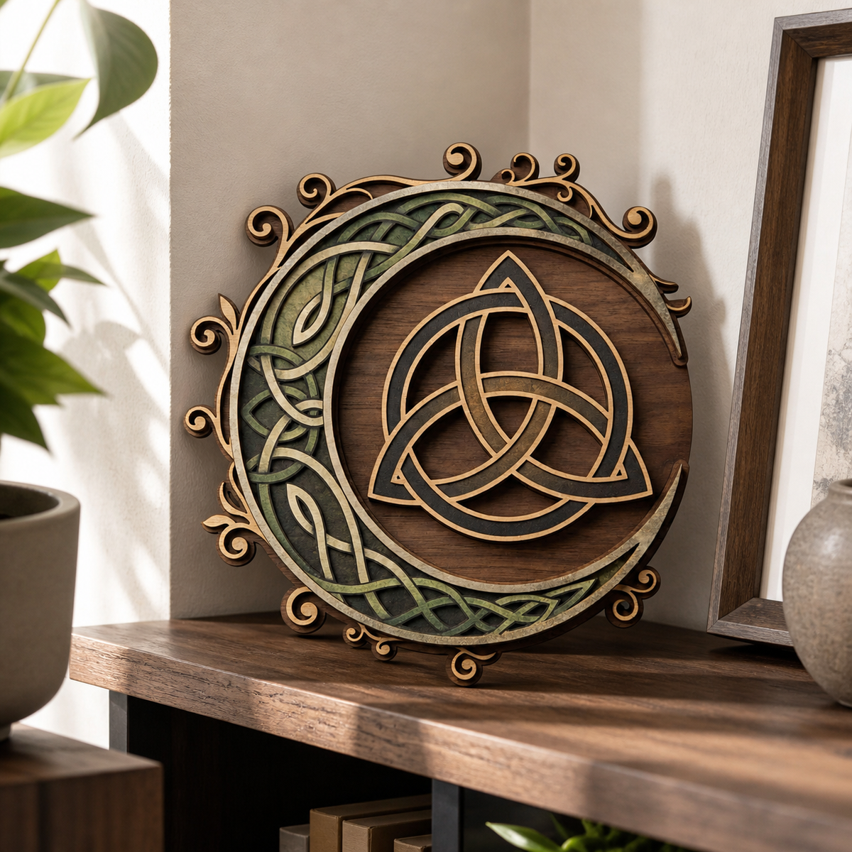 Triquetra Art Wooden Sign, Crescent Moon Celtic Knot Wall Decor