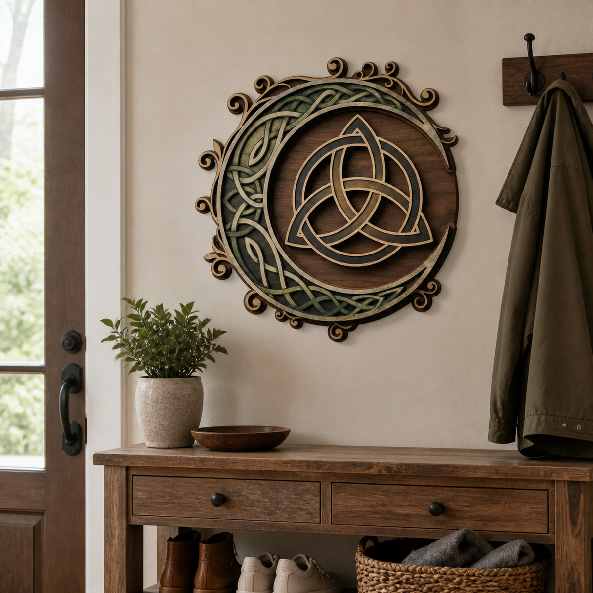 Triquetra Art Wooden Sign, Crescent Moon Celtic Knot Wall Decor