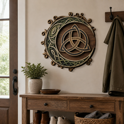 Triquetra Art Wooden Sign, Crescent Moon Celtic Knot Wall Decor