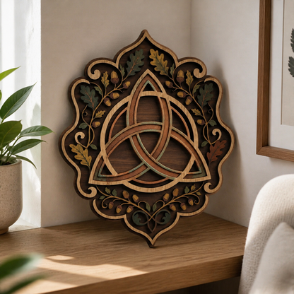 Triquetra Art Wooden Sign, Oak Leaf Acorn Wall Art, Autumn Nature Decor