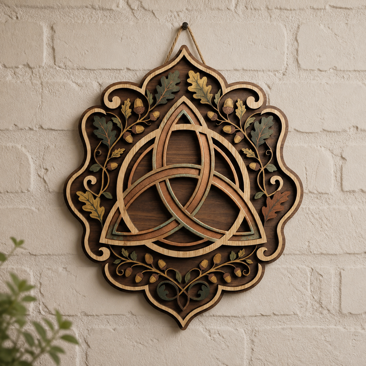 Triquetra Art Wooden Sign, Oak Leaf Acorn Wall Art, Autumn Nature Decor