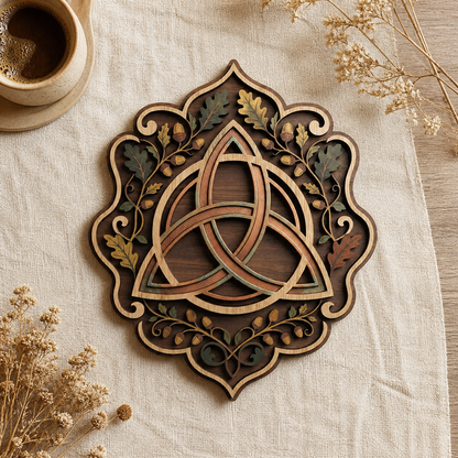 Triquetra Art Wooden Sign, Oak Leaf Acorn Wall Art, Autumn Nature Decor