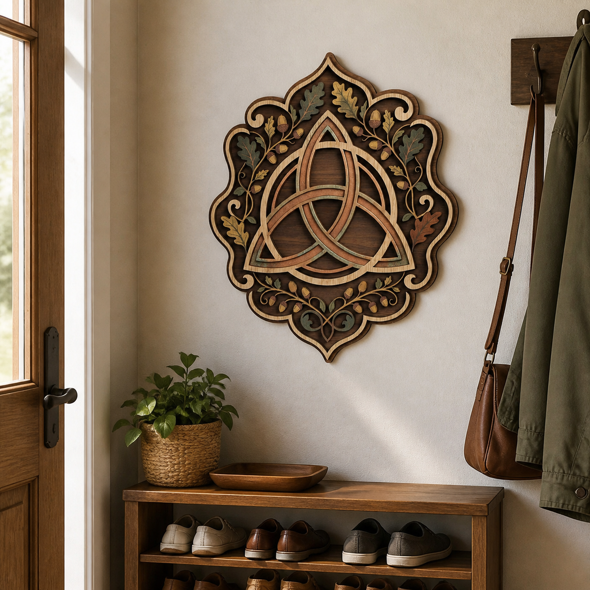 Triquetra Art Wooden Sign, Oak Leaf Acorn Wall Art, Autumn Nature Decor