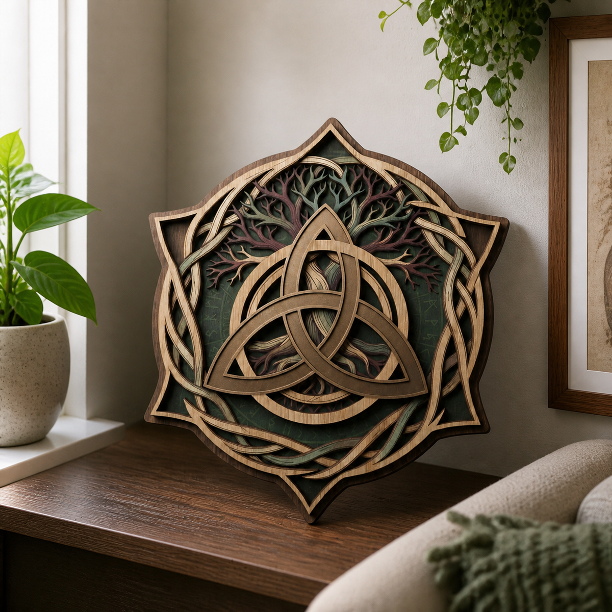 Triquetra Art Wooden Sign, Tree Of Life Roots Wall Decor, Celtic Trinity Knot Hanger