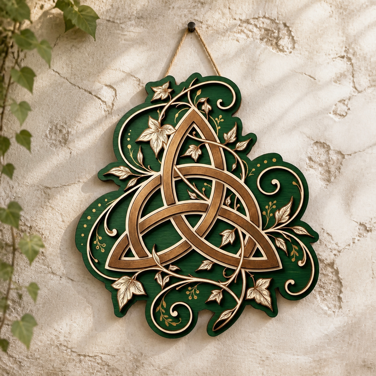 Triquetra Art Wooden Sign, Ivy Vine Leaf Wall Decor, Celtic Trinity Knot