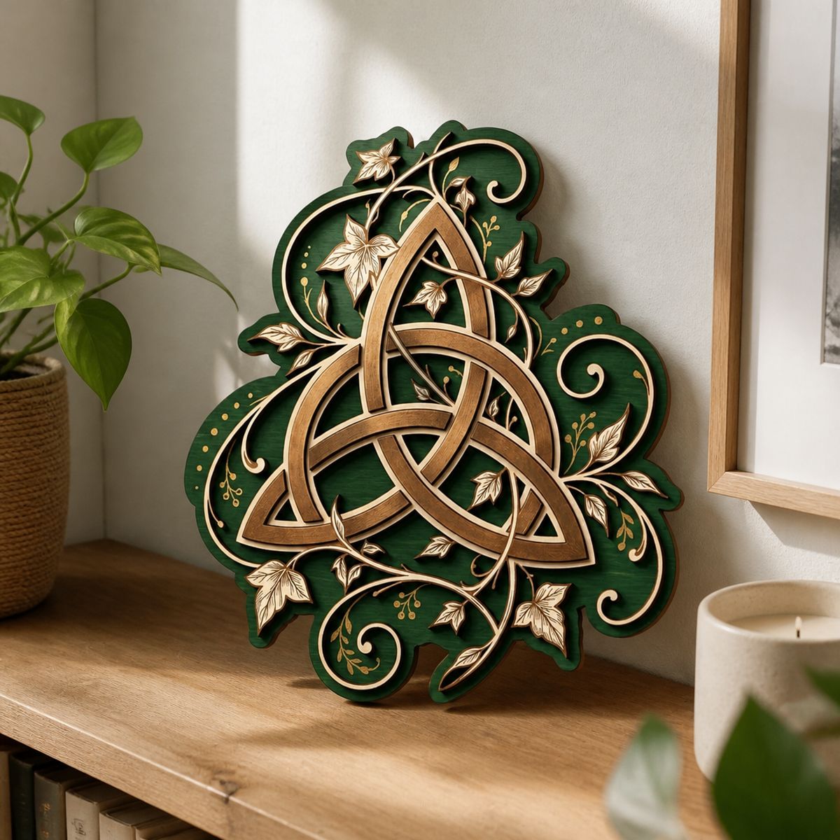 Triquetra Art Wooden Sign, Ivy Vine Leaf Wall Decor, Celtic Trinity Knot