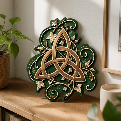 Triquetra Art Wooden Sign, Ivy Vine Leaf Wall Decor, Celtic Trinity Knot