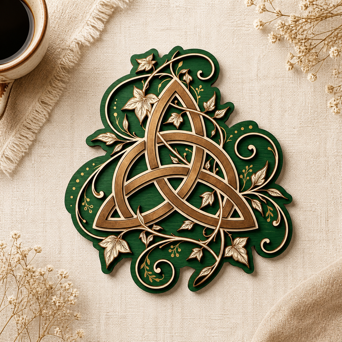Triquetra Art Wooden Sign, Ivy Vine Leaf Wall Decor, Celtic Trinity Knot