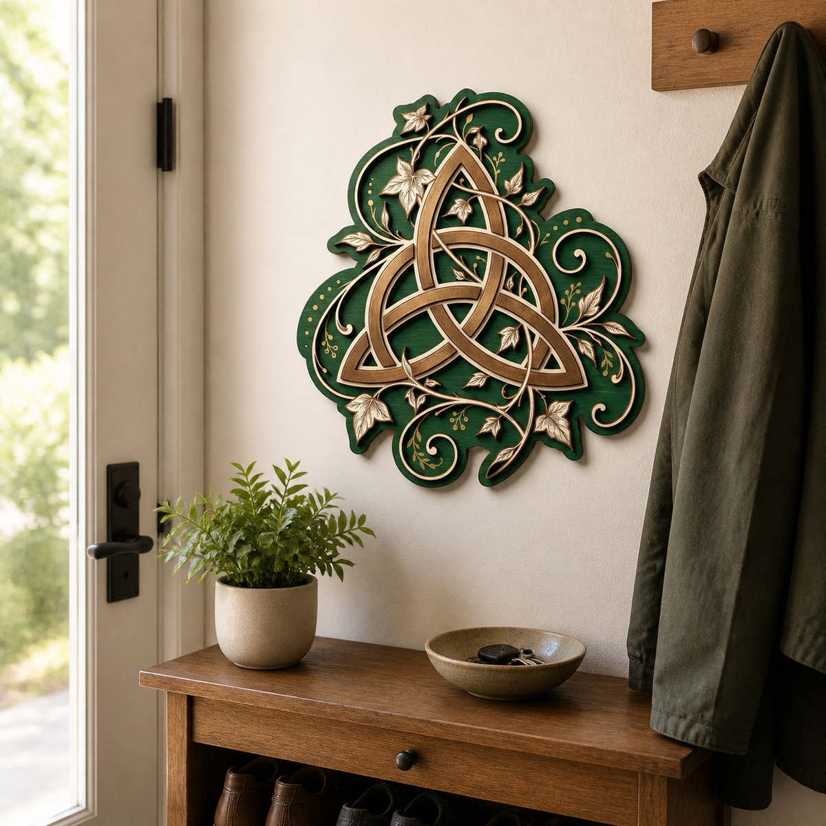 Triquetra Art Wooden Sign, Ivy Vine Leaf Wall Decor, Celtic Trinity Knot