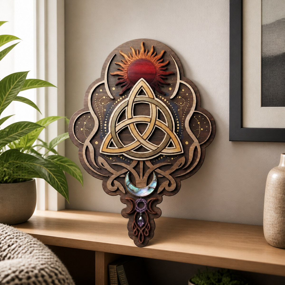 Triquetra Art Wooden Sign, Sun Moon Celestial Trinity Knot Decor