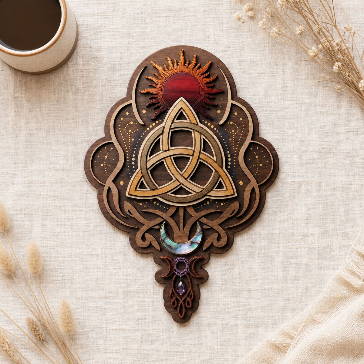 Triquetra Art Wooden Sign, Sun Moon Celestial Trinity Knot Decor