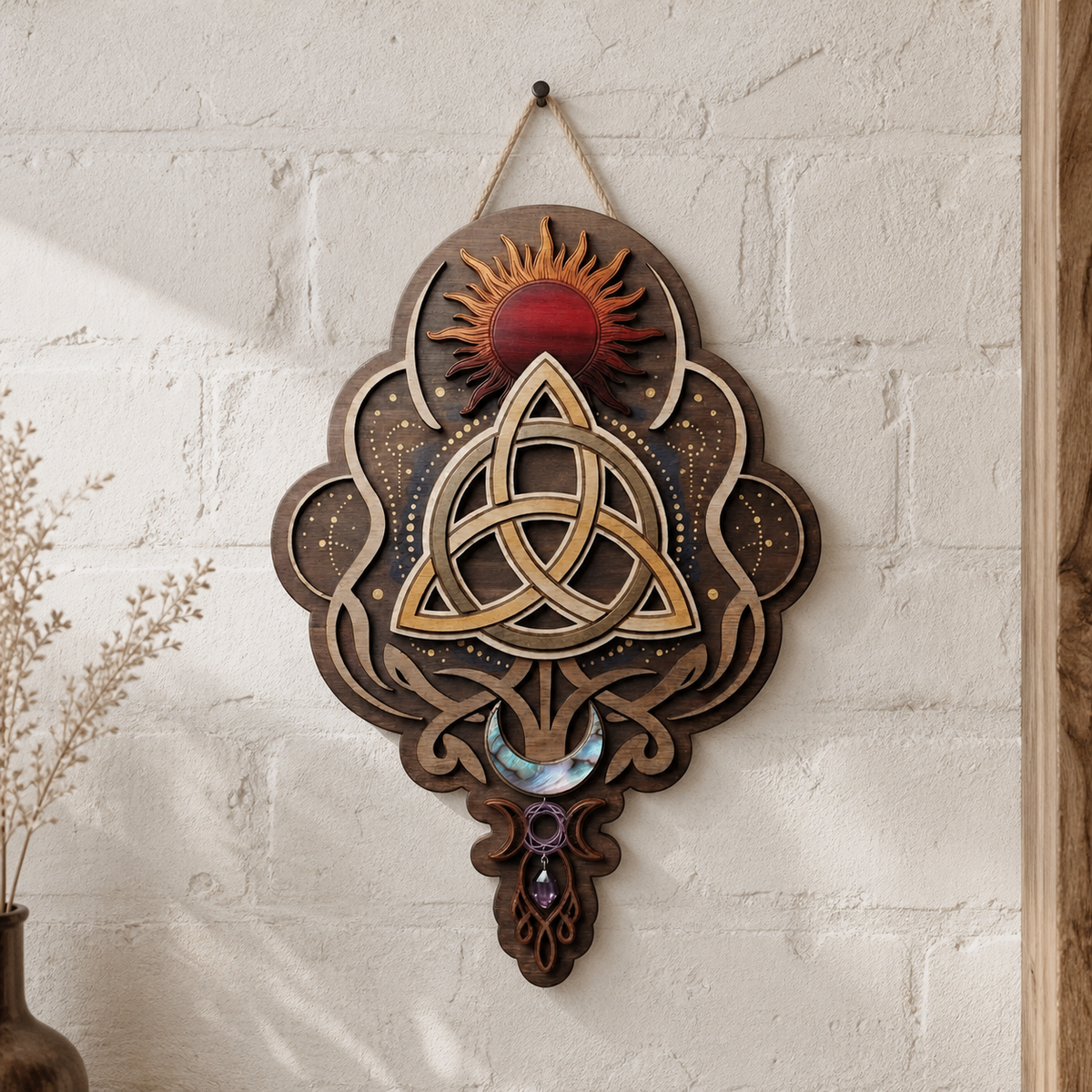 Triquetra Art Wooden Sign, Sun Moon Celestial Trinity Knot Decor