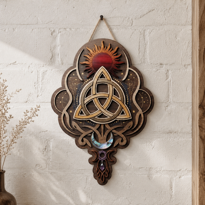 Triquetra Art Wooden Sign, Sun Moon Celestial Trinity Knot Decor