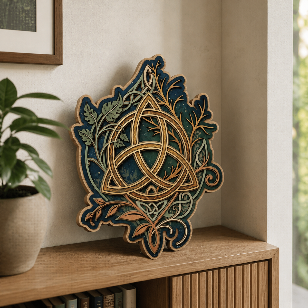 Triquetra Art Wooden Sign Tree Branch Night Sky Wall Decor