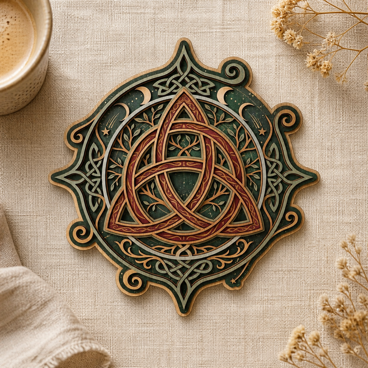 Triquetra Art Wooden Sign, Tree Branch Shooting Star Decor Celtic Trinity Knot