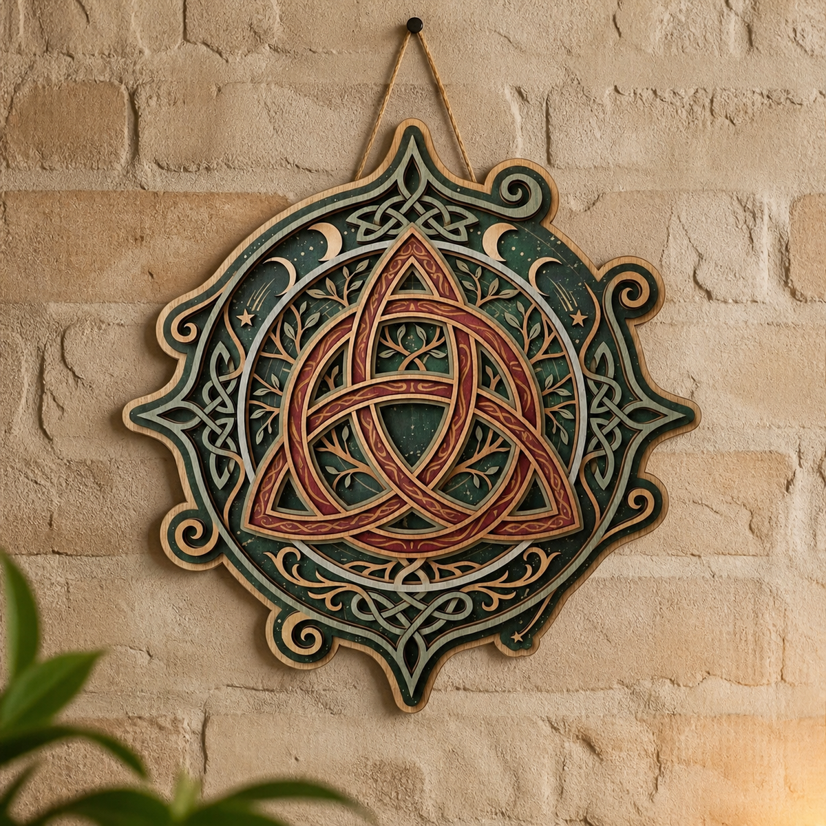 Triquetra Art Wooden Sign, Tree Branch Shooting Star Decor Celtic Trinity Knot