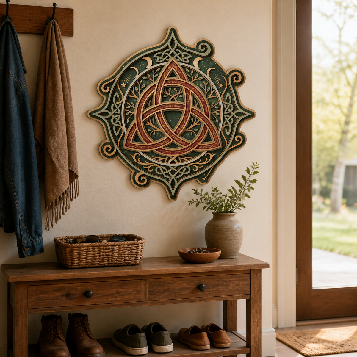 Triquetra Art Wooden Sign, Tree Branch Shooting Star Decor Celtic Trinity Knot