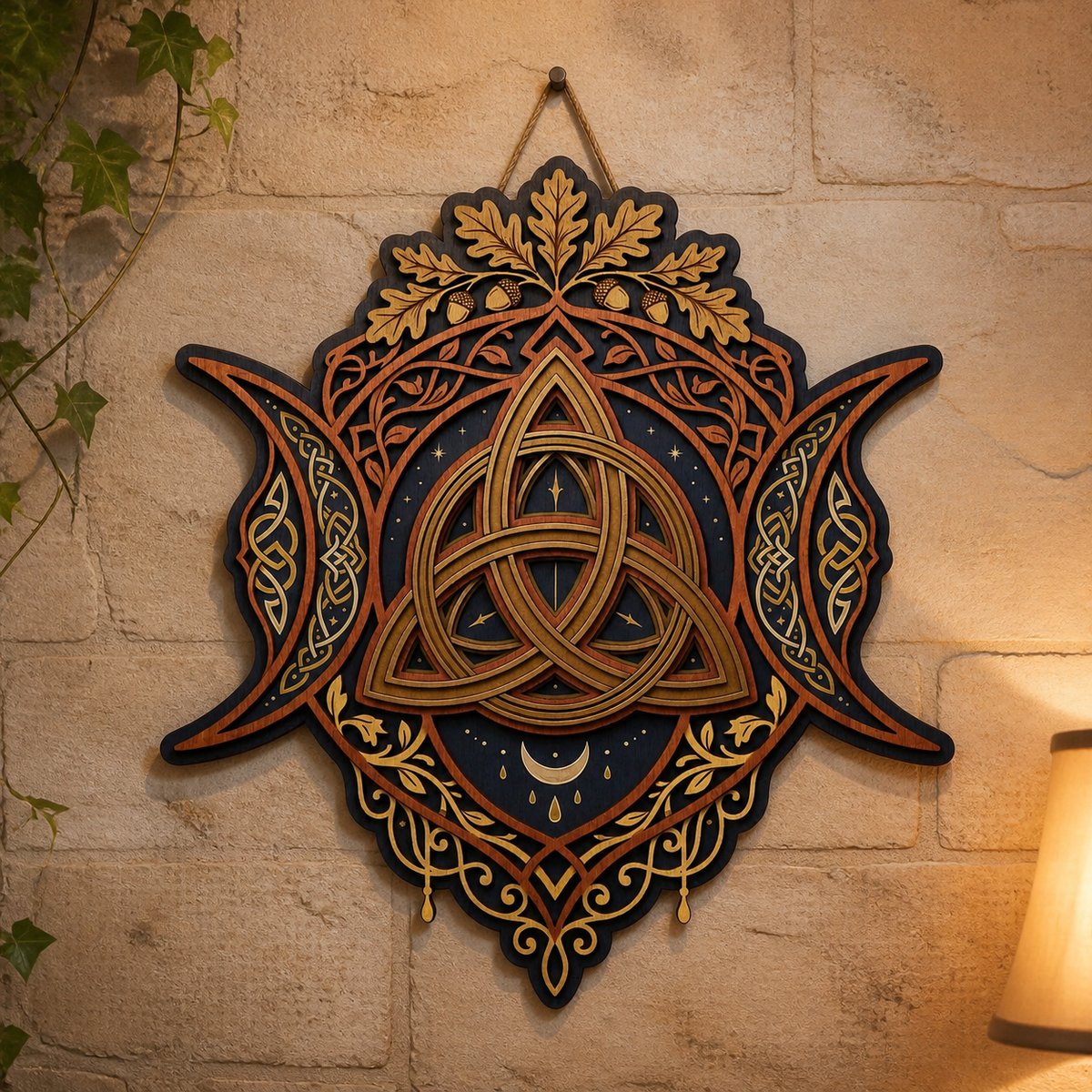 Triquetra Art Wooden Sign, Triple Moon Oak Acorn Wall Art Goddess Decor