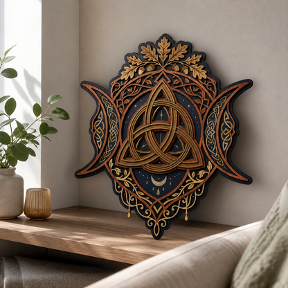 Triquetra Art Wooden Sign, Triple Moon Oak Acorn Wall Art Goddess Decor