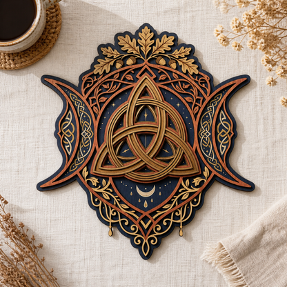 Triquetra Art Wooden Sign, Triple Moon Oak Acorn Wall Art Goddess Decor