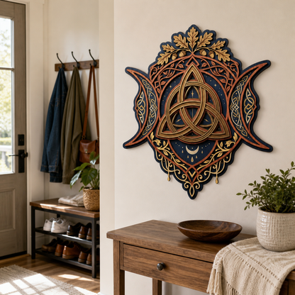 Triquetra Art Wooden Sign, Triple Moon Oak Acorn Wall Art Goddess Decor