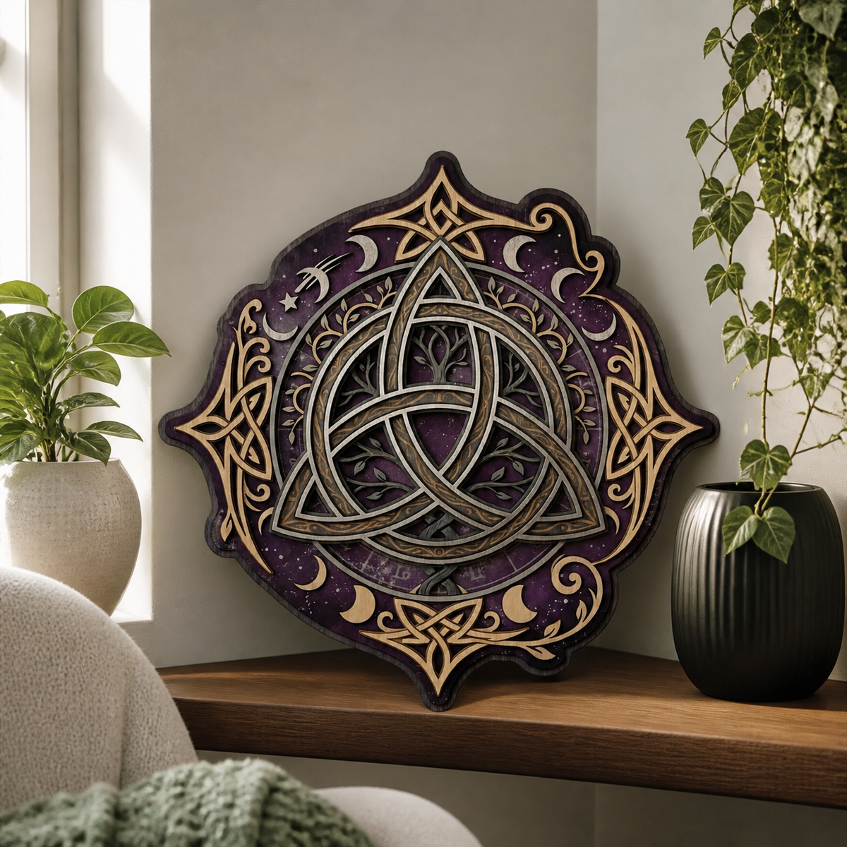 Triquetra Art Wooden Sign, Tree Celtic Trinity Knot, Purple Night Sky Crescent Moon Decor
