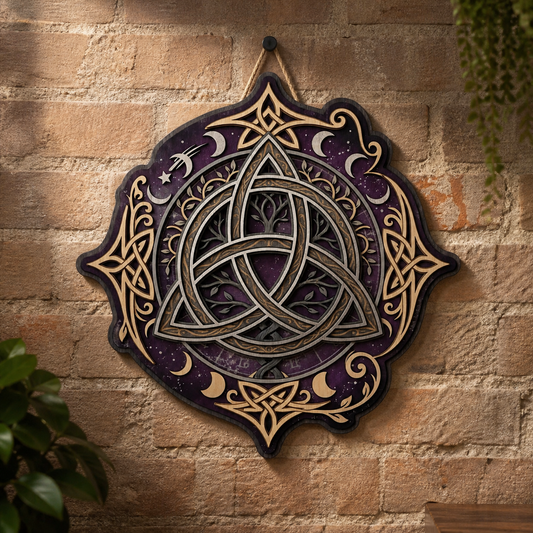 Triquetra Art Wooden Sign, Tree Celtic Trinity Knot, Purple Night Sky Crescent Moon Decor