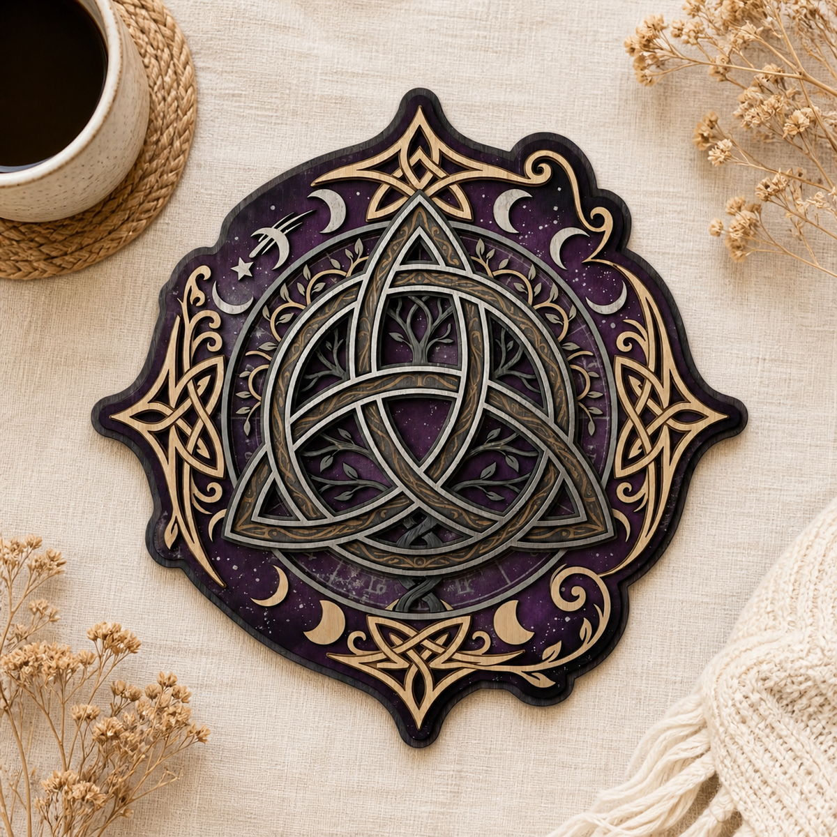 Triquetra Art Wooden Sign, Tree Celtic Trinity Knot, Purple Night Sky Crescent Moon Decor