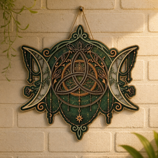 Triquetra Art Wooden Sign, Triple Moon Crystal Wall Decor, Celtic Knot