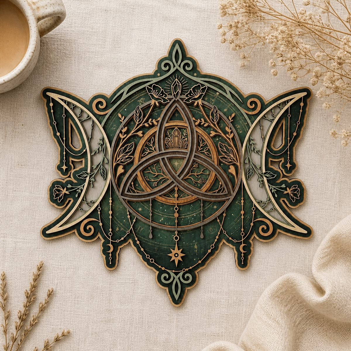 Triquetra Art Wooden Sign, Triple Moon Crystal Wall Decor, Celtic Knot