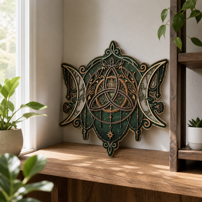Triquetra Art Wooden Sign, Triple Moon Crystal Wall Decor, Celtic Knot