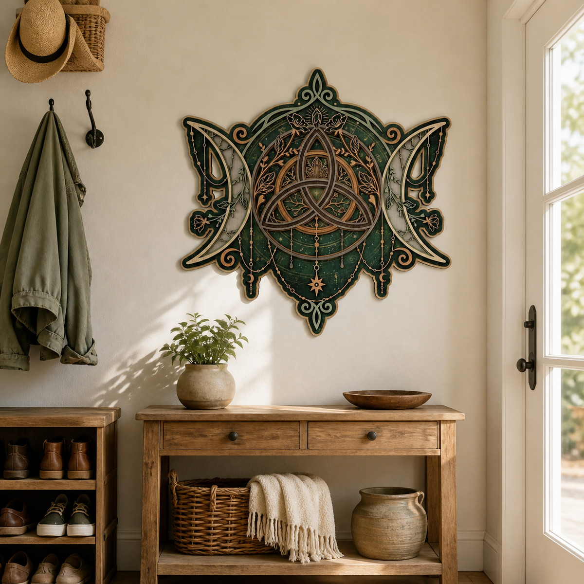 Triquetra Art Wooden Sign, Triple Moon Crystal Wall Decor, Celtic Knot