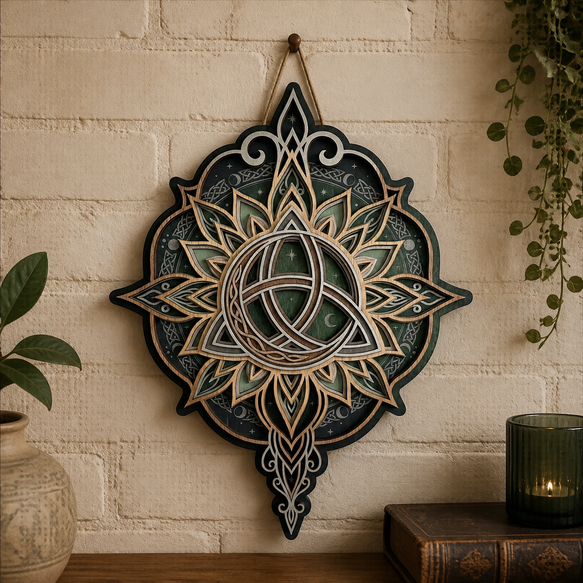 Triquetra Art Wooden Sign, Layered Celtic Trinity Knot Wall Art, Lotus Mandala Decor