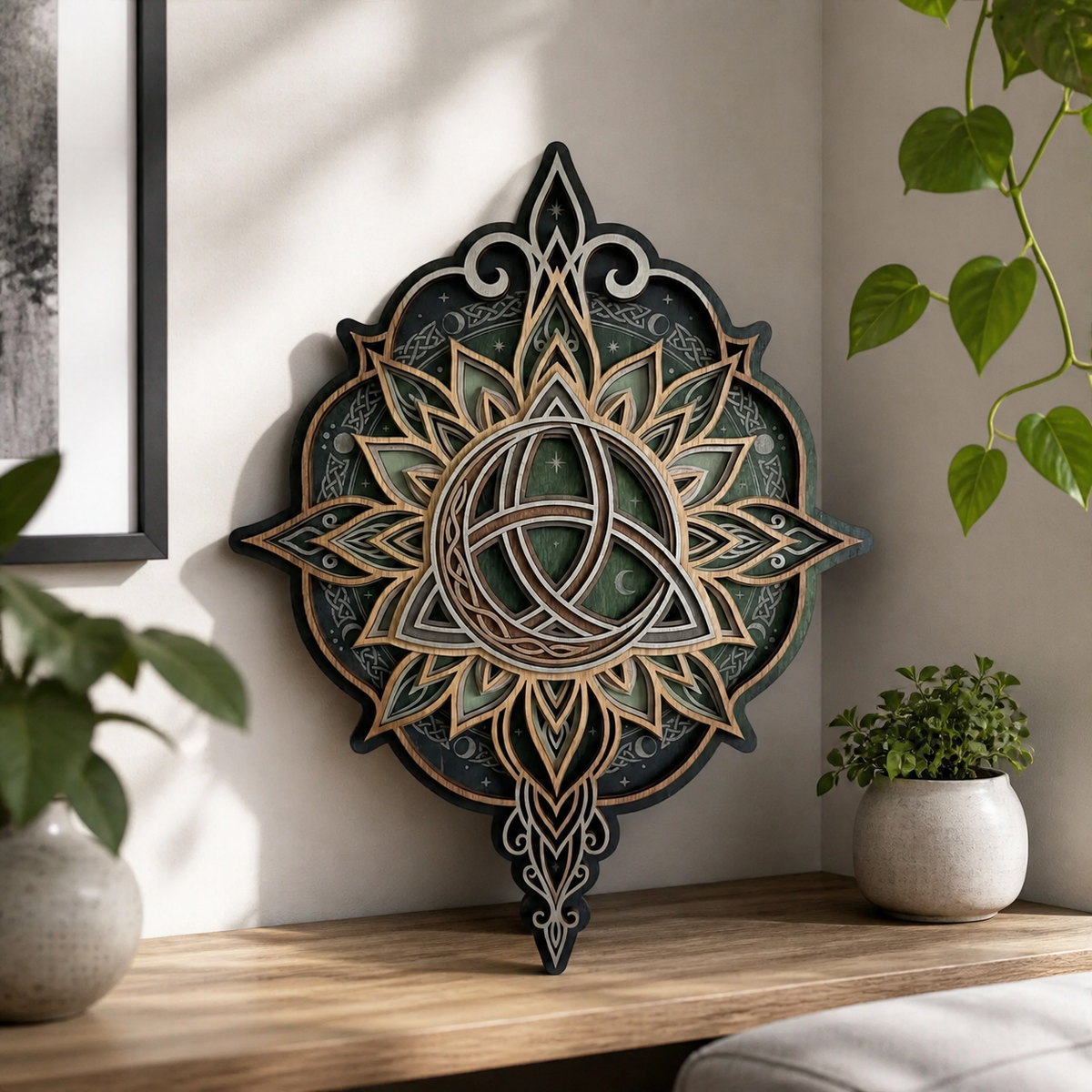 Triquetra Art Wooden Sign, Layered Celtic Trinity Knot Wall Art, Lotus Mandala Decor
