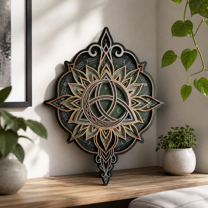 Triquetra Art Wooden Sign, Layered Celtic Trinity Knot Wall Art, Lotus Mandala Decor