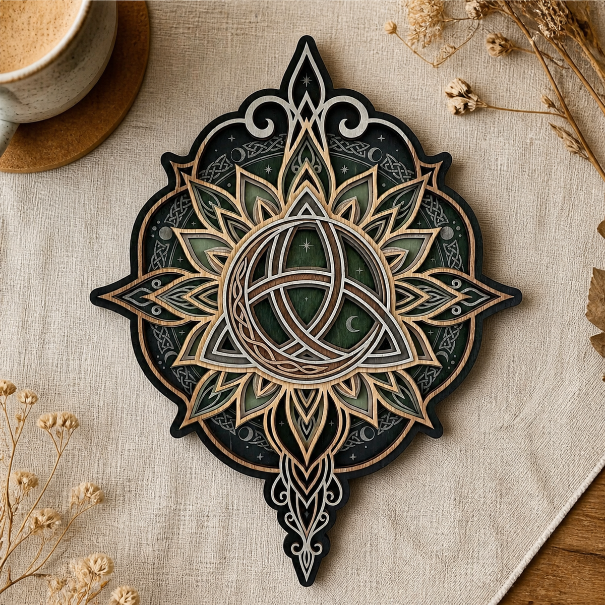 Triquetra Art Wooden Sign, Layered Celtic Trinity Knot Wall Art, Lotus Mandala Decor