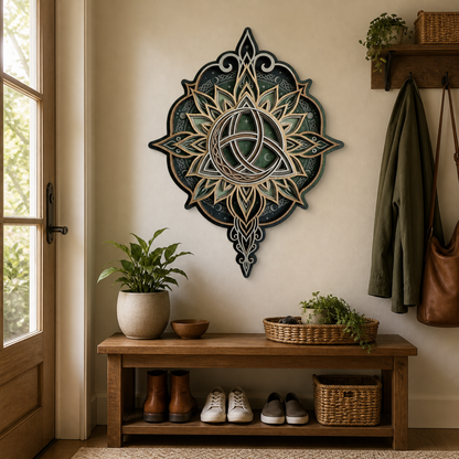 Triquetra Art Wooden Sign, Layered Celtic Trinity Knot Wall Art, Lotus Mandala Decor