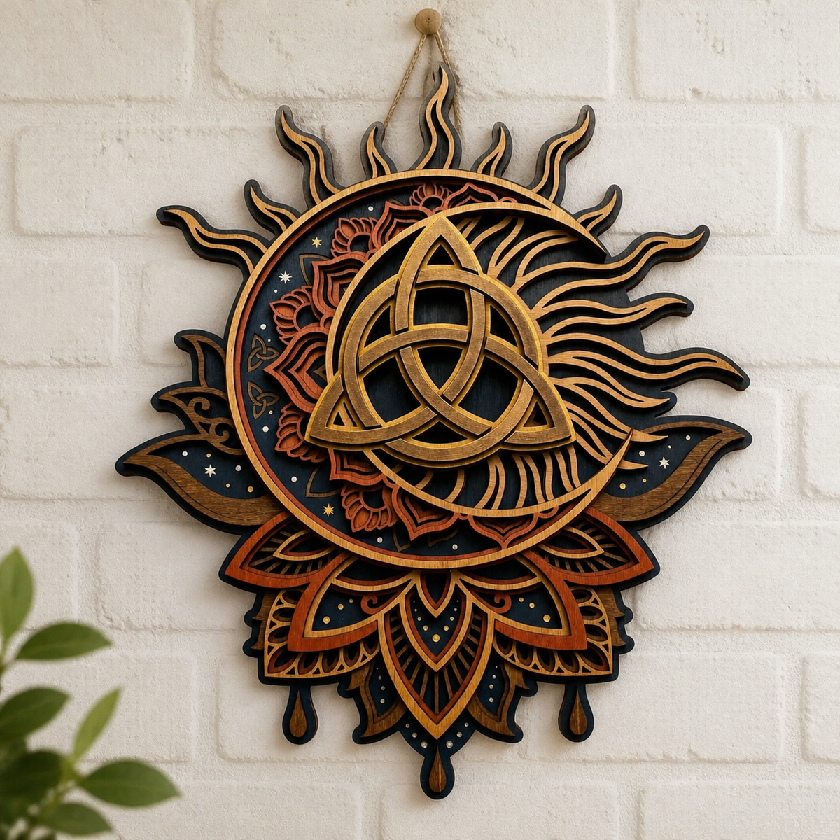 Triquetra Art Wooden Sign, Sun Rays Celtic Knot Wall Art