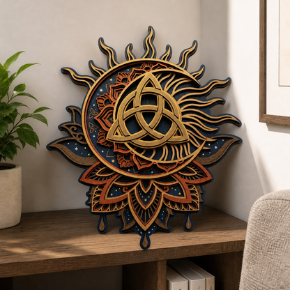 Triquetra Art Wooden Sign, Sun Rays Celtic Knot Wall Art