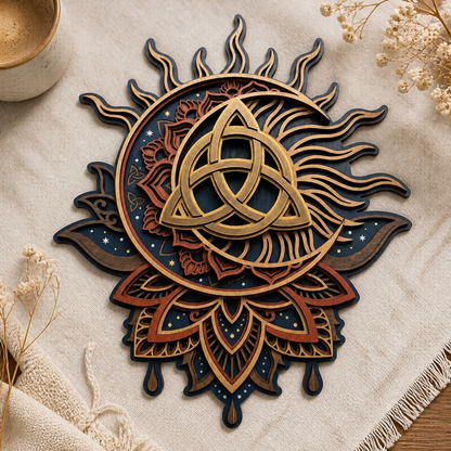 Triquetra Art Wooden Sign, Sun Rays Celtic Knot Wall Art