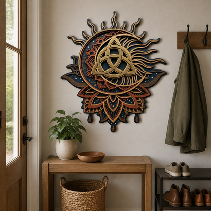 Triquetra Art Wooden Sign, Sun Rays Celtic Knot Wall Art