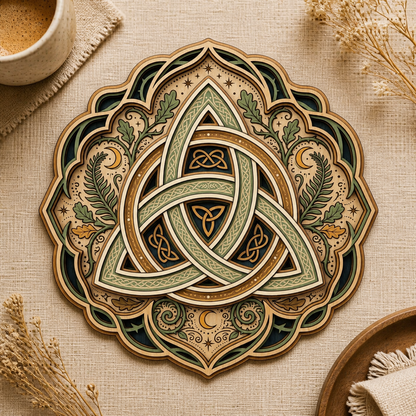 Triquetra Art Wooden Sign, Celtic Trinity Knot Wall Decor, Fern Oak Leaf Mandala Hanger