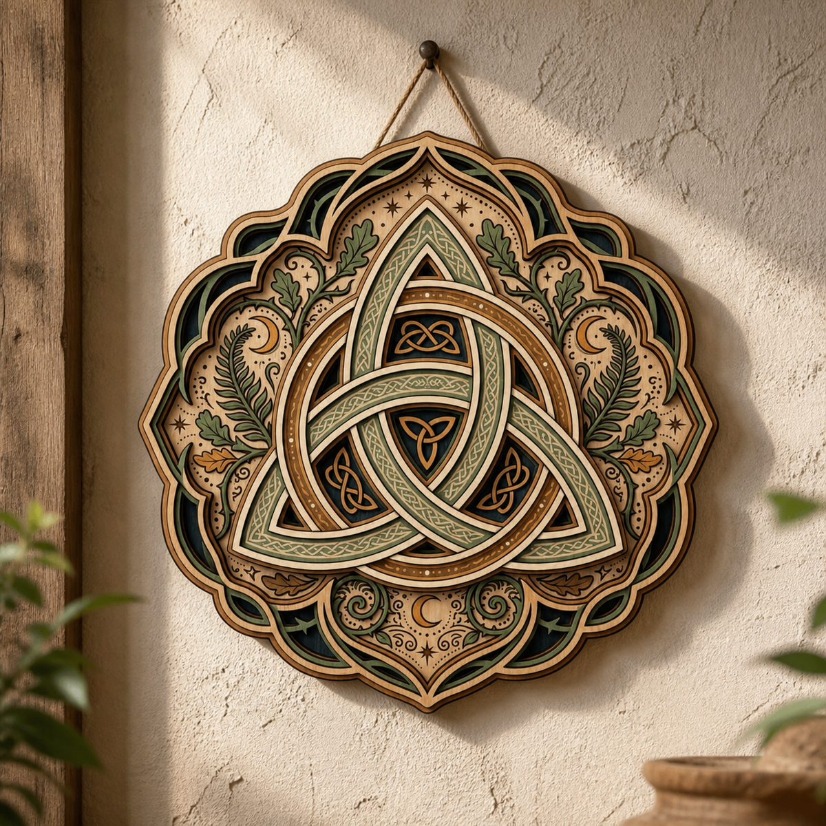Triquetra Art Wooden Sign, Celtic Trinity Knot Wall Decor, Fern Oak Leaf Mandala Hanger