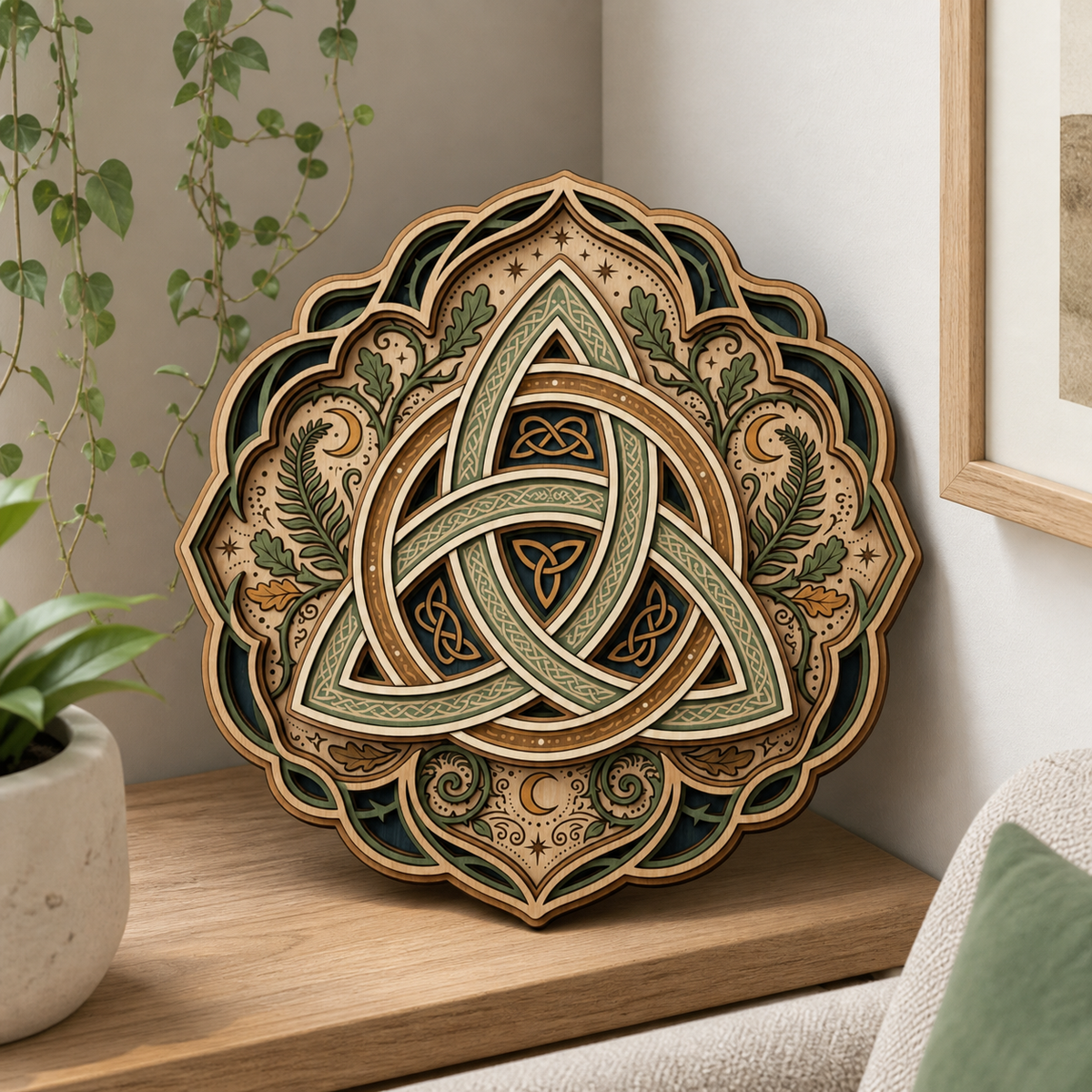 Triquetra Art Wooden Sign, Celtic Trinity Knot Wall Decor, Fern Oak Leaf Mandala Hanger